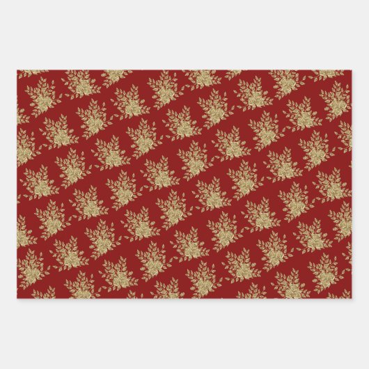 Elegante gouden rozen en bladeren patroon rood inpakpapier vel (Voorkant 2)