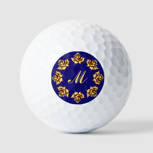 Elegante gouden rozen op koningsblauw, Monogram Golfballen (Voorkant)