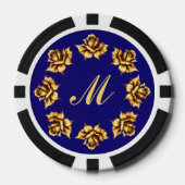 Elegante gouden rozen op koningsblauw, Monogram Poker Chips (Voorkant)