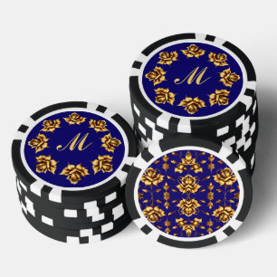Elegante gouden rozen op koningsblauw, Monogram Poker Chips