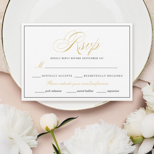 Elegante gouden RSVP-kaart met zwarte rand op wit RSVP Kaartje