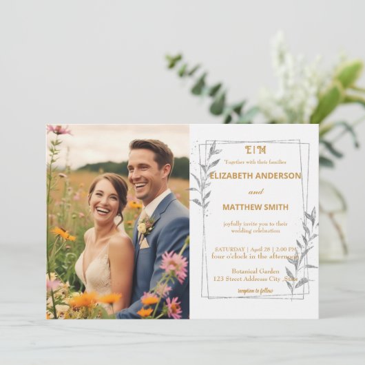 Elegante Gouden rustieke bloemen foto romantische Kaart (Staand voorkant)