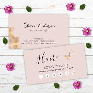 Elegante Gouden Schaar Kapsalon Roze Haar Klantenkaartje