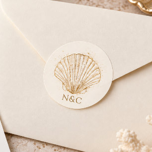 Elegante gouden schelp namen initialen bruiloft ronde sticker