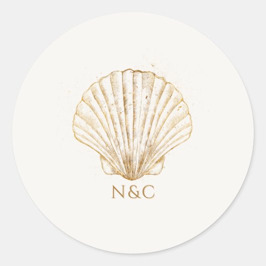 Elegante gouden schelp namen initialen bruiloft ronde sticker (Voorkant)