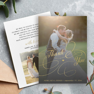 Elegante gouden schrift 2 foto's bruiloft  bedankkaart