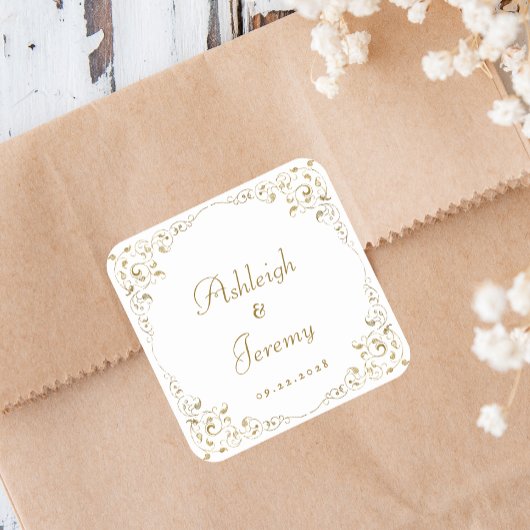 Elegante gouden schrift blad bruiloft vierkante sticker
