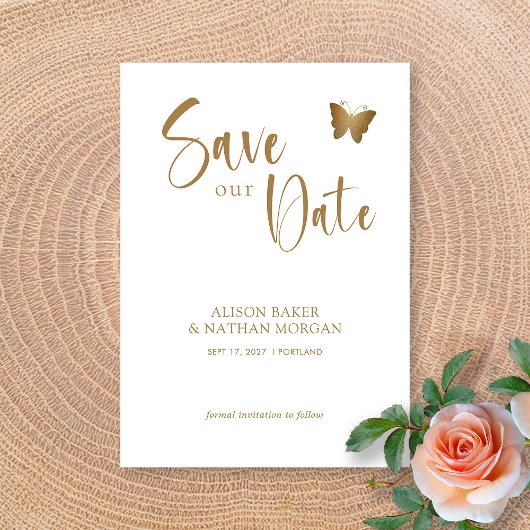 Elegante Gouden Schrift met Glitter Vlinder Bruilo Save The Date
