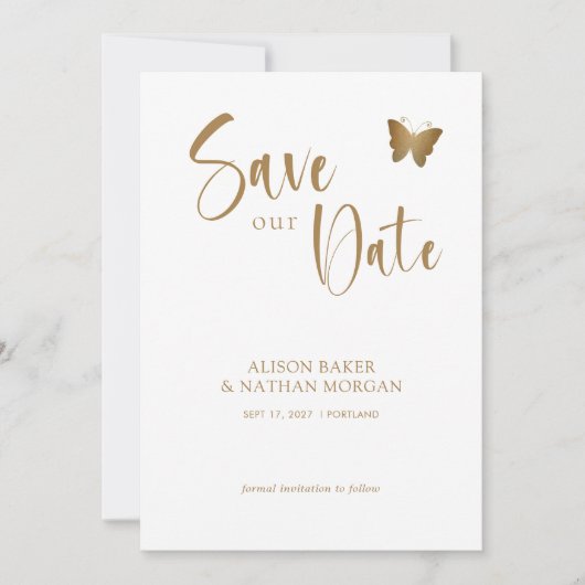 Elegante Gouden Schrift met Glitter Vlinder Bruilo Save The Date (Voorkant)