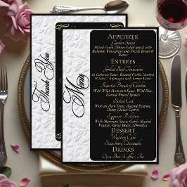 Elegante gouden schrift op zwart menu en dank je w