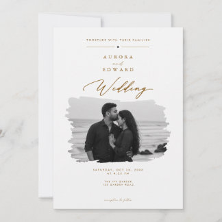 Elegante gouden schriftfoto-huwelijksuitnodiging. kaart