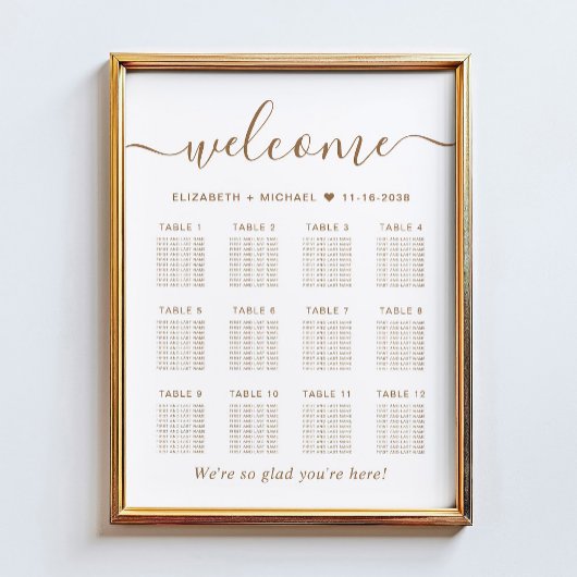 Elegante gouden script 12 tafel bruiloft zitplaats poster