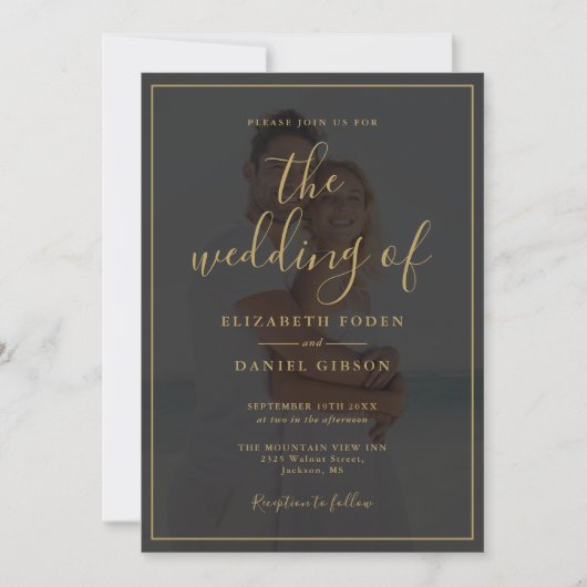 Elegante Gouden Script 2 Foto Bruiloft Kaart (Voorkant)