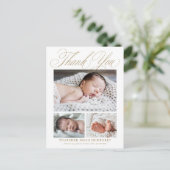 Elegante Gouden Script 3 Foto Baby Bedankt  Briefkaart (Staand voorkant)