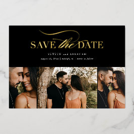 Elegante Gouden Script 3 Foto Collage Save the Dat Folie Uitnodiging