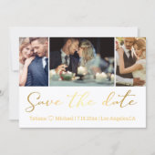 Elegante Gouden Script 3 Foto Collage Save The Dat Notitiekaartje (Voorkant)