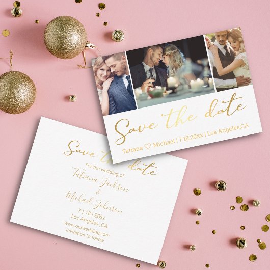 Elegante Gouden Script 3 Foto Collage Save The Dat Notitiekaartje