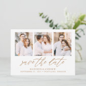 Elegante Gouden Script 3 Fotocollage Save The Date (Staand voorkant)