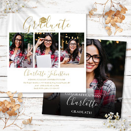 Elegante Gouden Script 4 Foto Afstudeerfeest Kaart