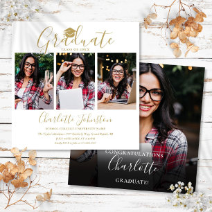 Elegante Gouden Script 4 Foto Afstudeerfeest Kaart