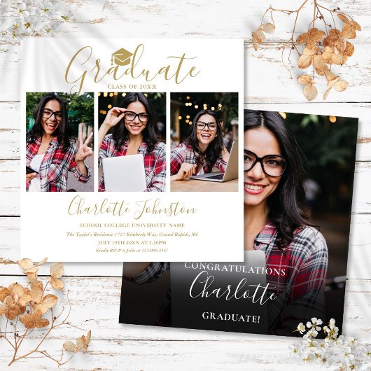 Elegante Gouden Script 4 Foto Afstudeerfeest Kaart