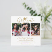 Elegante Gouden Script 4 Foto Afstudeerfeest Kaart (Staand voorkant)