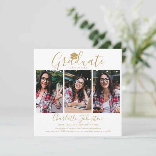 Elegante Gouden Script 4 Foto Afstudeerfeest Kaart (Staand voorkant)