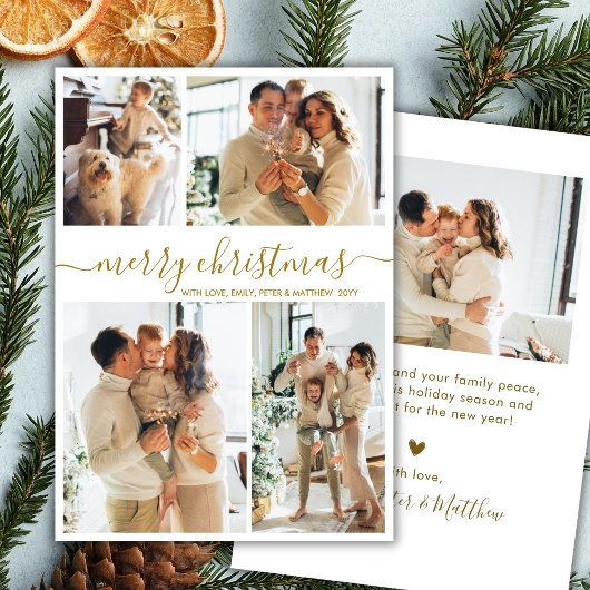 Elegante Gouden Script 4 Foto Collage Kerstmis Feestdagenkaart