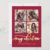 Elegante Gouden Script 4 Foto Collage Rode Kerst Feestdagenkaart (Voorkant)