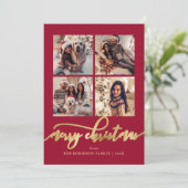 Elegante Gouden Script 4 Foto Collage Rode Kerst Feestdagenkaart (Staand voorkant)