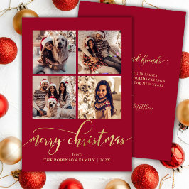 Elegante Gouden Script 4 Foto Collage Rode Kerst Feestdagenkaart
