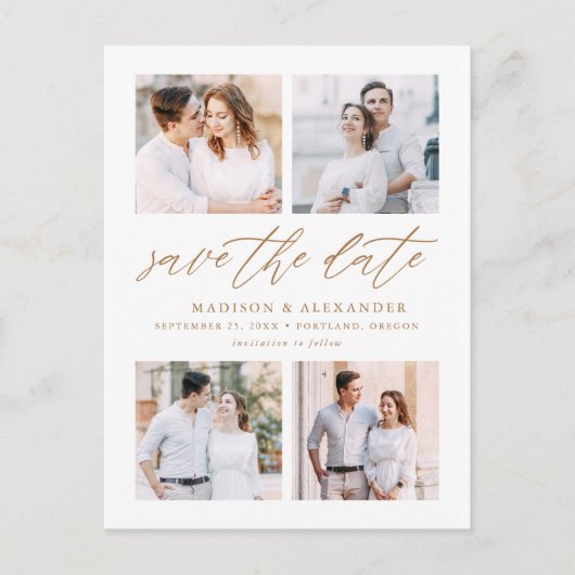 Elegante Gouden Script 4 Foto Collage Save The Dat Aankondigingskaart (Voorkant)