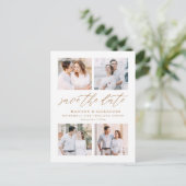 Elegante Gouden Script 4 Foto Collage Save The Dat Aankondigingskaart (Staand voorkant)