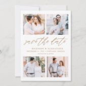 Elegante Gouden Script 4 Foto Collage Save The Date (Voorkant)