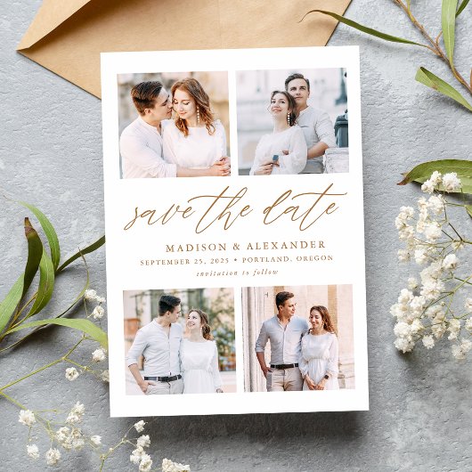 Elegante Gouden Script 4 Foto Collage Save The Date