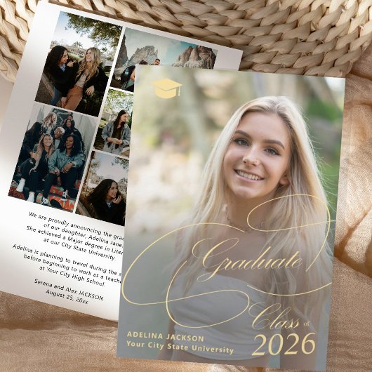 Elegante gouden script 6 foto collage afstuderen aankondiging