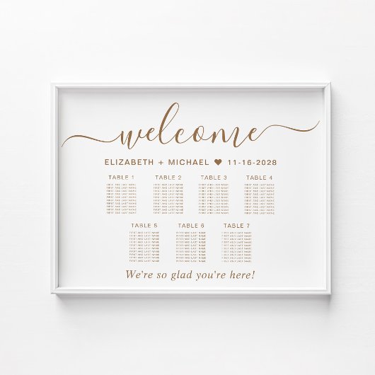 Elegante gouden script 7 tafel bruiloft zitplaatsk poster