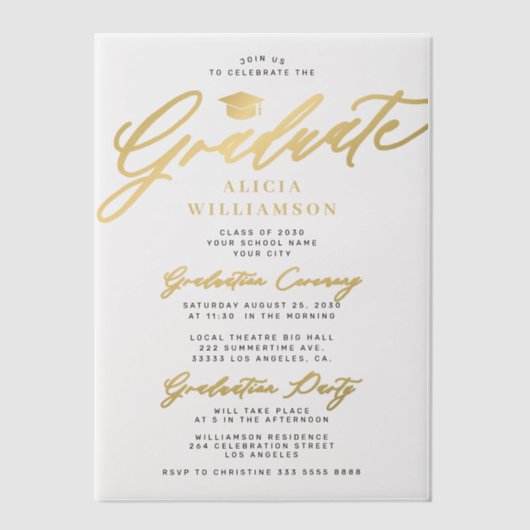 Elegante gouden script afstuderen partij overlay vellum uitnodigingen (Voorkant)