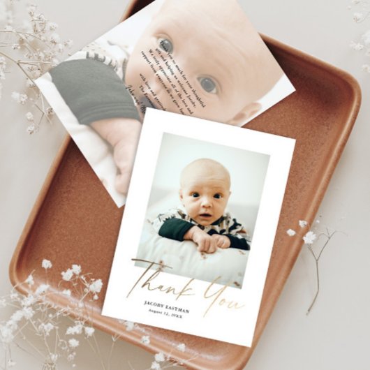 Elegante Gouden Script Babyfoto Bedankkaart