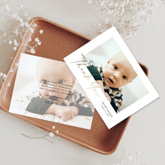 Elegante Gouden Script Babyfoto Bedankkaart