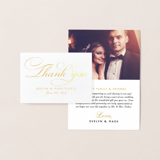 Elegante gouden script bedank foto monogram folie kaarten (Display)