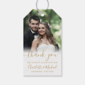 Elegante gouden script bedankje trouwfoto cadeau cadeaulabel (Achterkant)