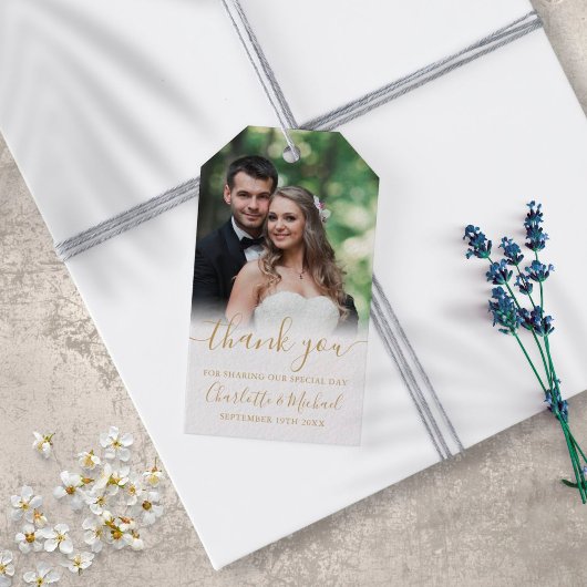 Elegante gouden script bedankje trouwfoto cadeau cadeaulabel