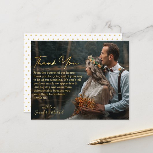 elegante gouden script bedankt trouwfoto kaart (Voorkant / Achterkant in situ)