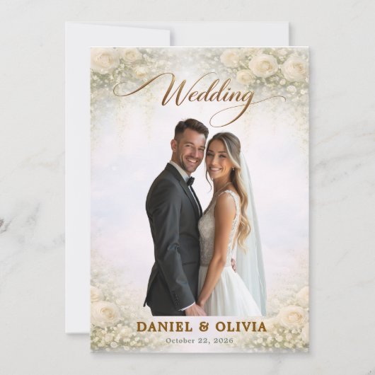 Elegante Gouden Script Bloemige Foto Overlay Ontwe Kaart (Voorkant)
