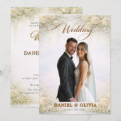 Elegante Gouden Script Bloemige Foto Overlay Ontwe Kaart (Voorkant / Achterkant)