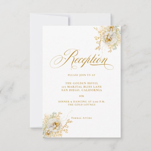 Elegante gouden script bloemige trouwreceptiekaart kaart (Voorkant)