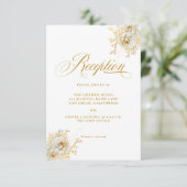 Elegante gouden script bloemige trouwreceptiekaart kaart (Staand voorkant)