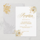 Elegante gouden script bloemige trouwreceptiekaart kaart (Voorkant / Achterkant)