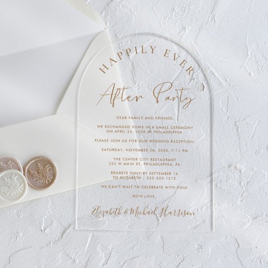 Elegante Gouden Script Boog Bruiloftsreceptie Acryl Uitnodigingen